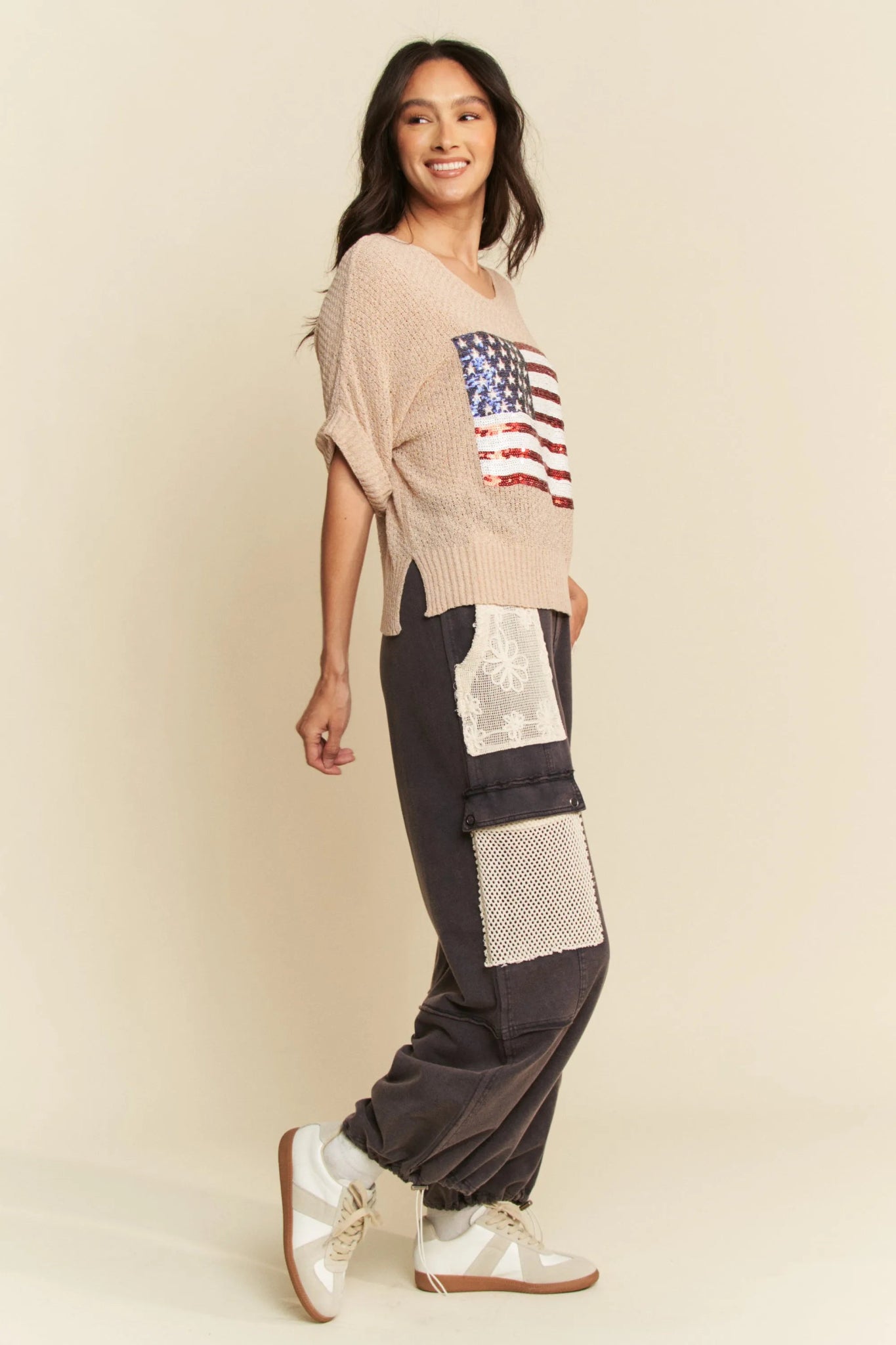 Davi & Dani Sequin American Flag Patch Short Sleeve Knit Top - Bela Fils BoutiqueBela Fils Boutique